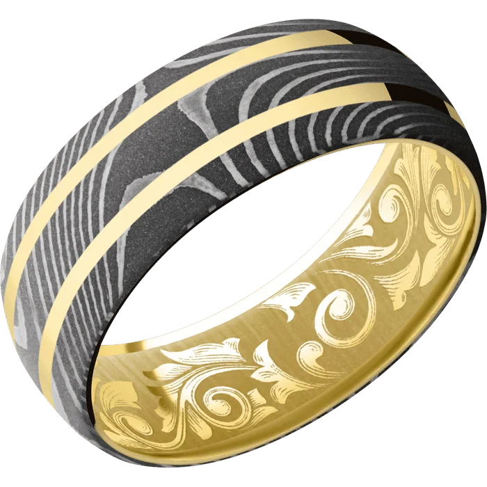 designer wedding rings-8mm wide Domed Flattwist Damascus Steel Ring with Acid Damascus Finish / Two 1mm Centered 14k Yellow Gold Inlay with Polish Finish / 10k Yellow Gold Sleeve / None Interior Pattern