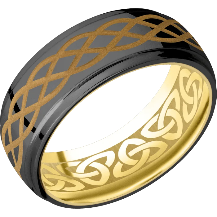 women’s gold rings-8mm wide Domed Stepped Down Edges Black Titanium Ring with Polish Finish / Celtic 6 Design and Gold Cerakote Accents / 14k Yellow Gold Sleeve / None Interior Pattern