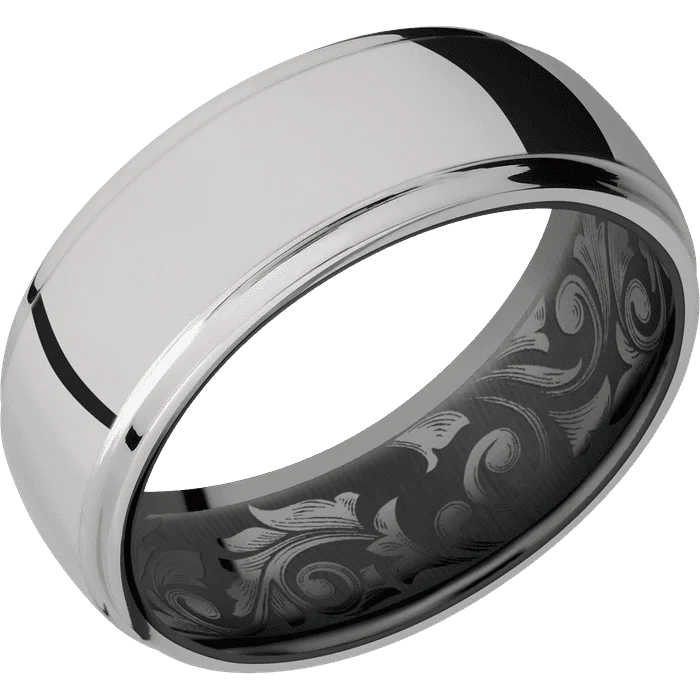 luxury rings for women-8mm wide Domed Stepped Down Edges Titanium Ring with Polish Finish / Black Titanium Sleeve / None Interior Pattern