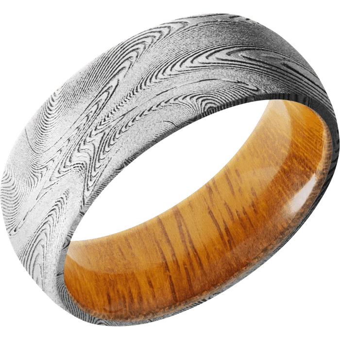 engraved promise rings-8mm wide Domed Tightweave Damascus Steel Ring with Bead Blast Kuro Damascus Finish / Osage Orange Sleeve