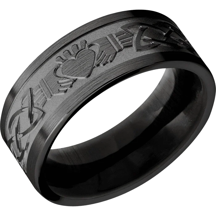 cubic zirconia engagement rings-8mm wide Flat Black Titanium Ring with Satin Finish / Claddagh Celtic Design / Ebony Sleeve