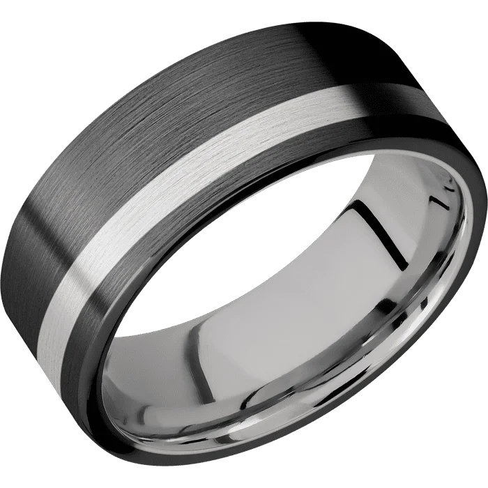 women’s wedding rings-8mm wide Flat Black Titanium Ring with Satin Finish / One 2mm Off Center Platinum Inlay with Satin Finish / Titanium Sleeve