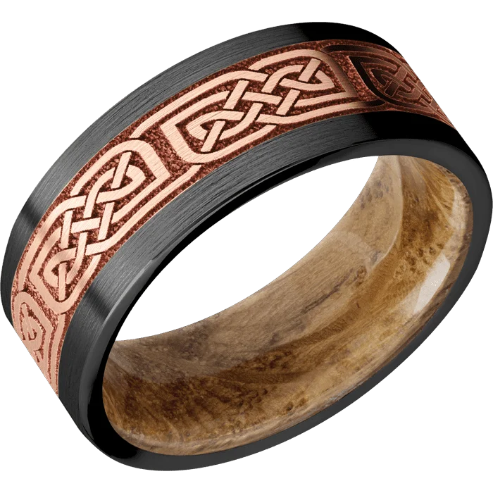 birthstone rings for men-8mm wide Flat Black Titanium Ring with Satin Finish / One 5mm Centered 14k Rose Gold Inlay with Satin Finish / Celtic 17 Inlay Design / Whiskey Barrel Sleeve