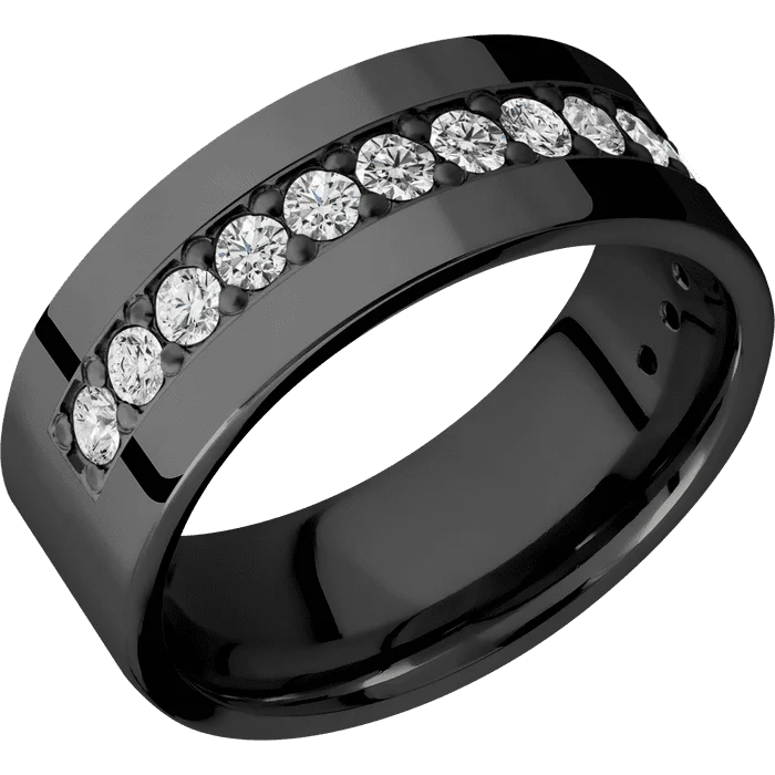 rose gold wedding bands-8mm wide Flat Black Zirconium Ring with Polish Finish / Half Eternity Round .05 carat Standard Lab Grown Diamond Bead-Set Gemstones