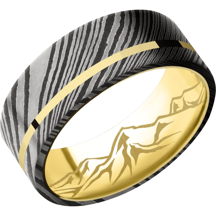 men’s wedding rings with sapphires-8mm wide Flat Damascus Steel Ring with Acid Damascus Finish / One 1mm Off Center 14k Yellow Gold Inlay with Polish Finish / 10k Yellow Gold Sleeve / None Interior Pattern