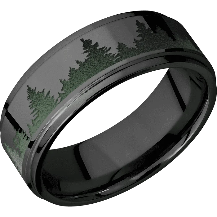 elegant diamond rings-8mm wide Flat Grooved Edges Black Zirconium Ring with Polish Finish / Trees Design and Highland Green Cerakote Accents