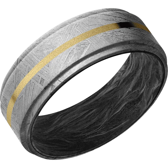 designer rings for women-8mm wide Flat Grooved Edges Meteorite Ring / One 1mm Centered 14k Yellow Gold Inlay with Sand Blast Finish / Forged Carbon Fiber Sleeve