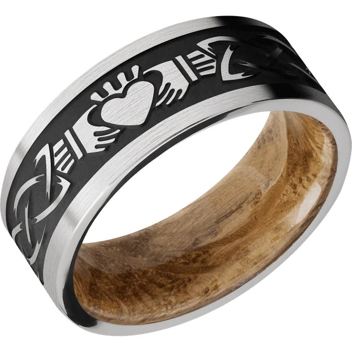 matching couple rings-8mm wide Flat Platinum Ring with Satin Finish / Claddagh Celtic Design and Black Cerakote Accents / Whiskey Barrel Sleeve