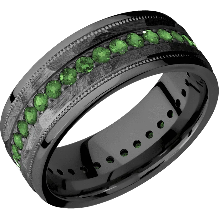 engraved silver rings for men-8mm wide Flat Stepped Edges Milgrain Black Zirconium Ring with Rock Finish / Eternity Round .03 carat Green Diamond Bead-Set Gemstones