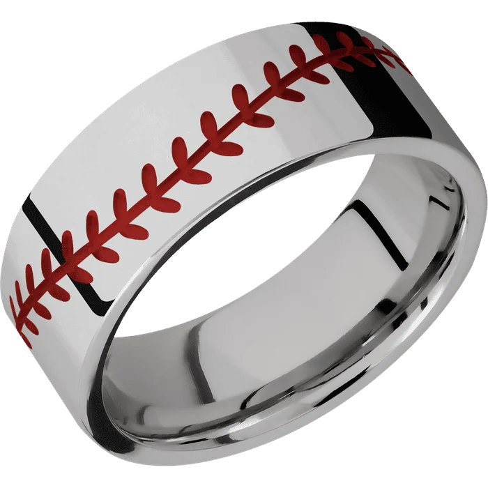 men’s wedding rings with engraving-8mm wide Flat Titanium Ring with Polish Finish / Baseball Design and USMC Red Cerakote Accents