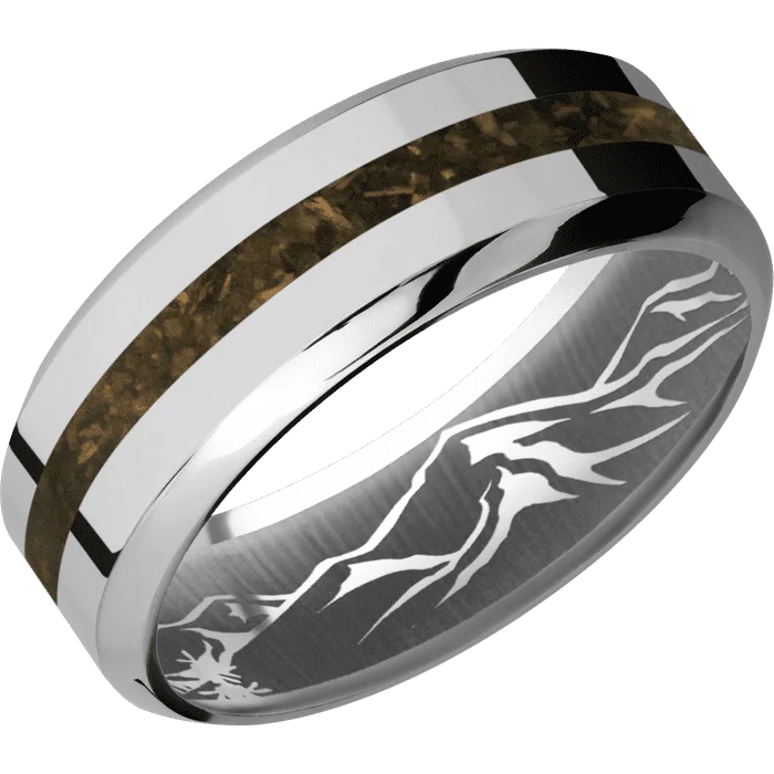 men’s rings with engravings-8mm wide High Bevel Titanium Ring with Polish Finish / One 2mm Centered Gold Tigers Eye Inlay / None Interior Pattern