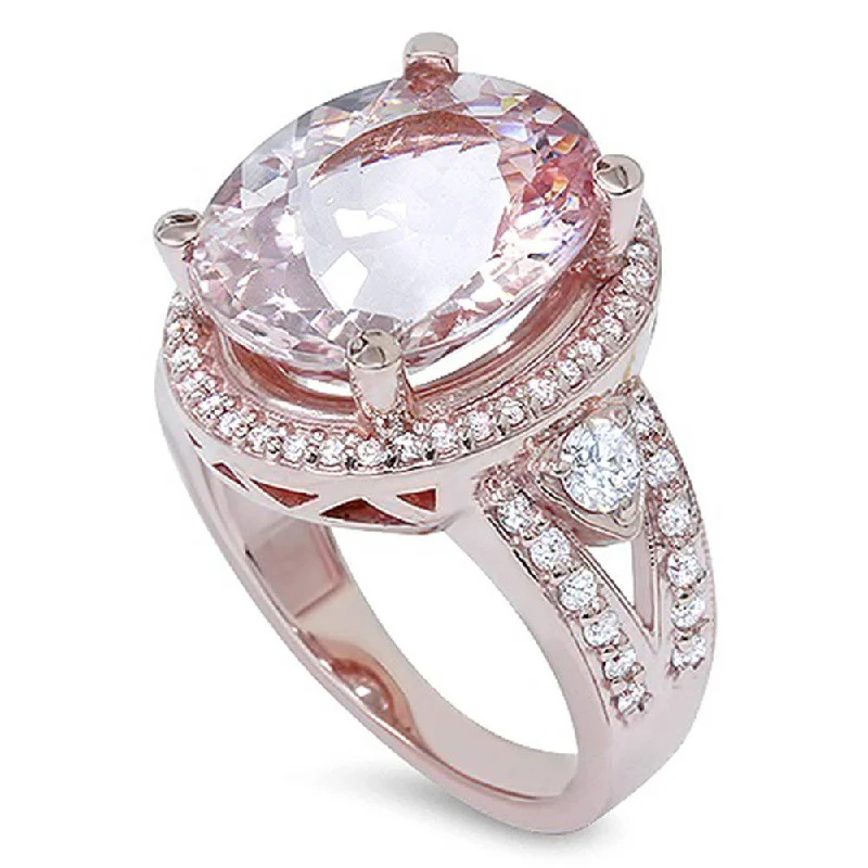 rings with birthstones-9ct Morganite & Diamond Engagement Ring 14K Rose Gold Halo Split Shank