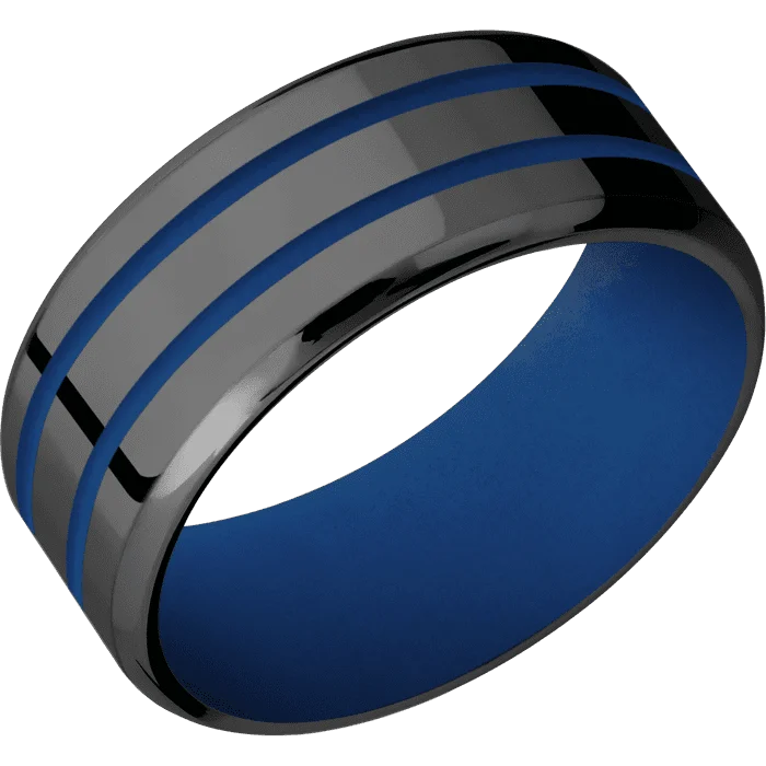 men's silver rings-9mm wide Beveled Black Titanium Ring with Polish Finish / Two 1mm Centered Royal Blue Cerakote Inlay / Royal Blue Cerakote Sleeve