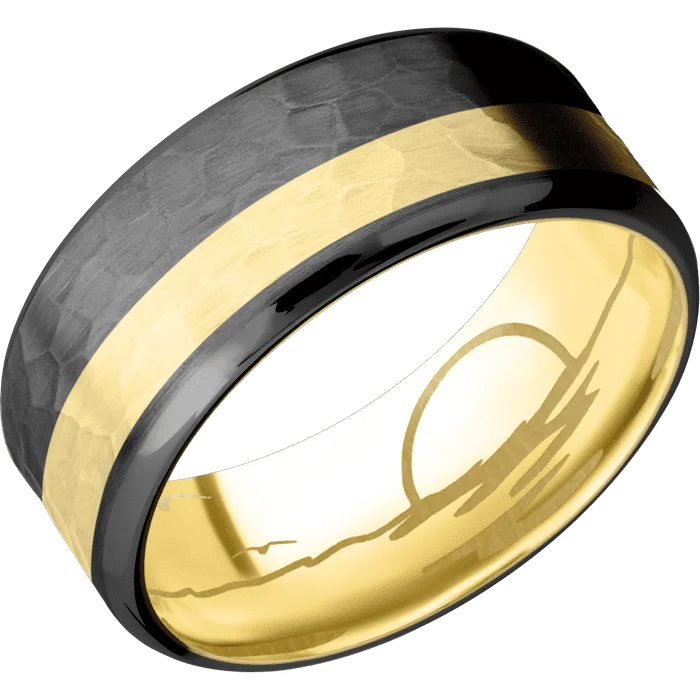 adjustable rings for women-9mm wide Beveled Black Zirconium Ring with Hammer Finish / One 3mm Off Center 18k Yellow Gold Inlay with Hammer Finish / 18k Yellow Gold Sleeve / None Interior Pattern