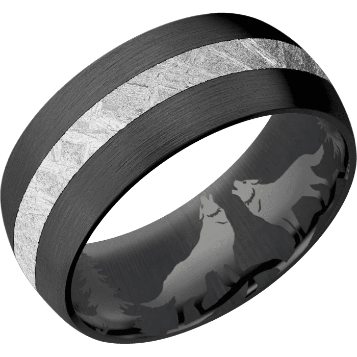 men’s diamond signet rings-9mm wide Domed Black Titanium Ring with Satin Finish / One 3mm Centered Meteorite Inlay / None Interior Pattern