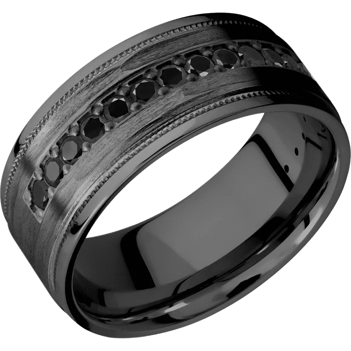 matching engagement and wedding rings-9mm wide Flat Stepped Edges Milgrain Black Titanium Ring with Treebark H Finish / Half Eternity Round .03 carat Black Diamond Bead-Set Gemstones