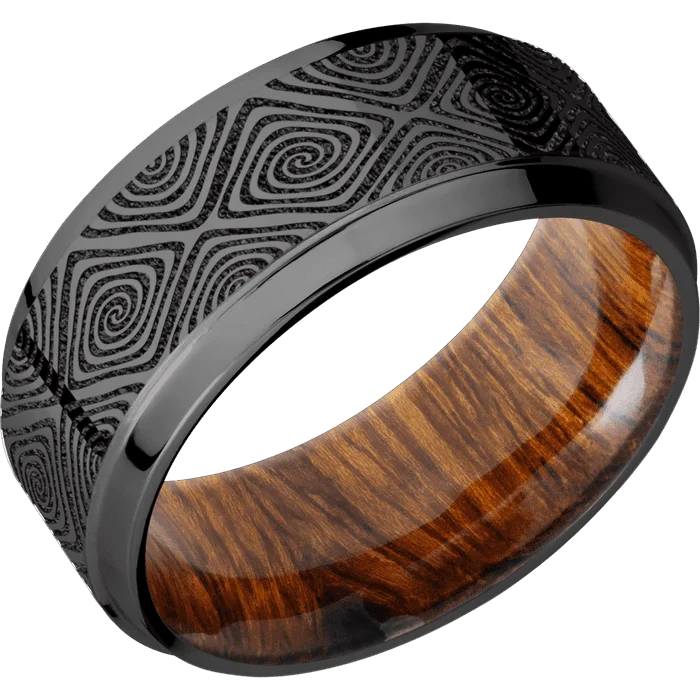 vintage gold wedding bands-9mm wide Stepped Bevel Black Titanium Ring with Polish Finish / Labyrinth Design / Desert Iron Wood Sleeve