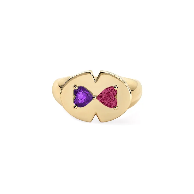 custom engagement rings for women-Amethyst and Pink Tourmaline Heart Signet Ring