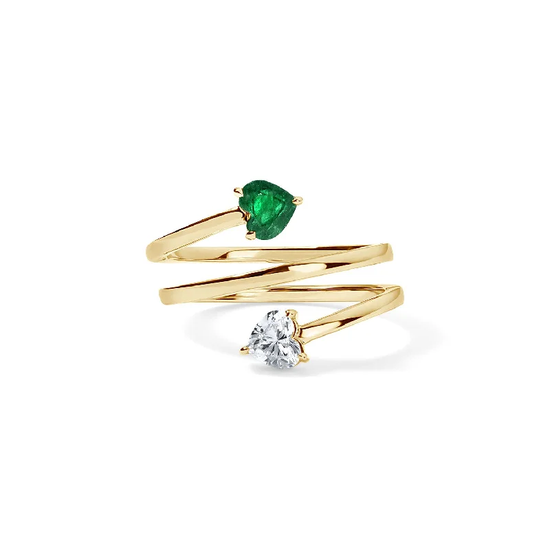 white gold engagement rings-Diamond and Emerald Heart Spiral Ring