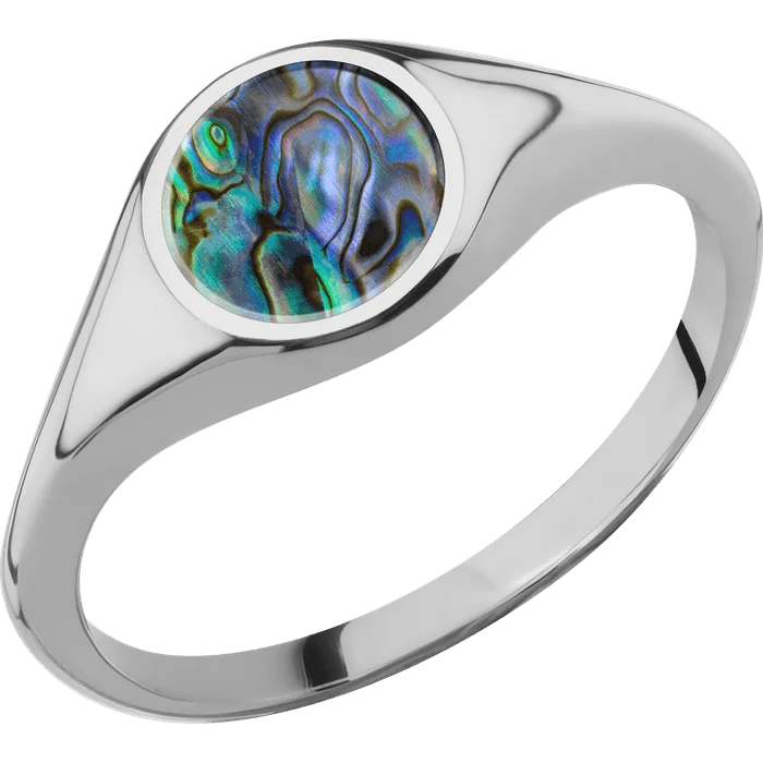 silver wedding rings for men-Circle Titanium Signet Ring / Polish Ring Finish and Polish Signet Finish / Abalone Inlay / Size 8.5