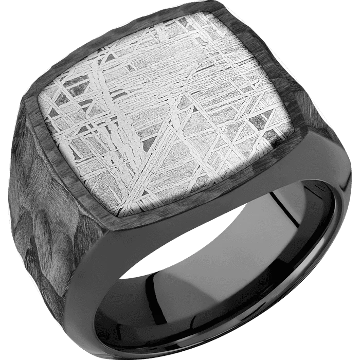 luxury engagement rings with diamonds-Cushion Black Titanium Signet Ring / Rock Ring Finish and Hammer Signet Finish / Meteorite Inlay / Size 10