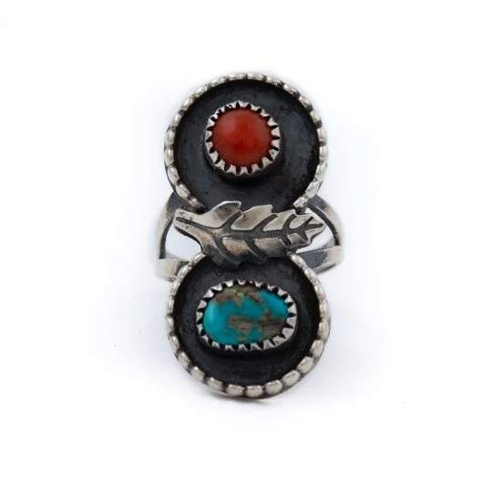 gemstone rings for women-Earthy Turquoise x Red Coral Navajo Ring