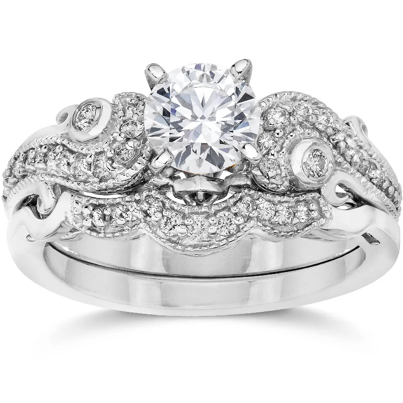 men’s diamond engagement rings-Emery 3/4Ct Vintage Diamond Engagement Wedding Ring Set 14K White Gold