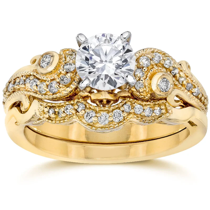 women’s anniversary rings-Emery 3/4Ct Vintage Diamond Engagement Wedding Ring Set 14K Yellow Gold