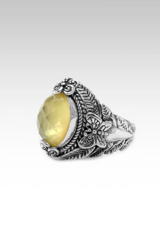 eco-friendly wedding rings-Ephemeral Ring™ in Buttercup Mother of Pearl Quartz Triplet