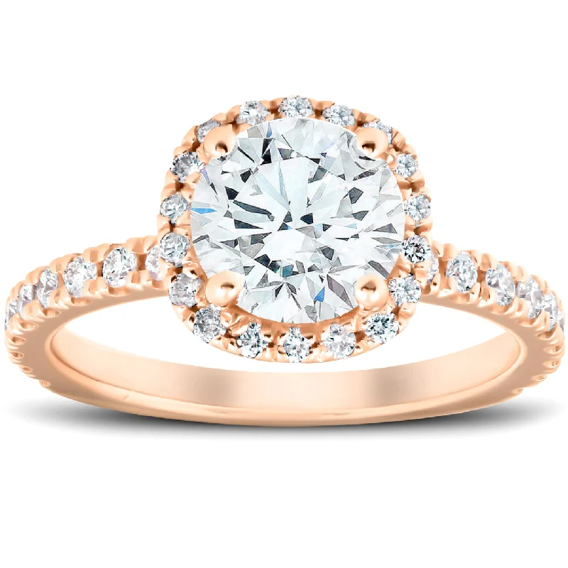 vintage platinum engagement rings-G/VS 2 Ct Moissanite & Diamond Cushion Halo Engagement Ring 14k Rose Gold