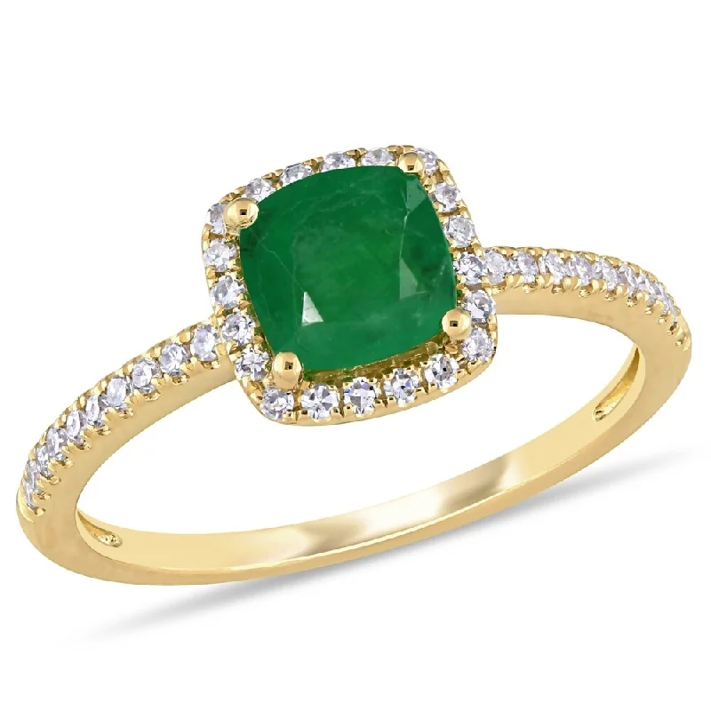 luxury engagement rings with diamonds-Miadora 14k Yellow Gold Cushion-cut Emerald & 1/5ct TDW Diamond Halo Engagement Ring