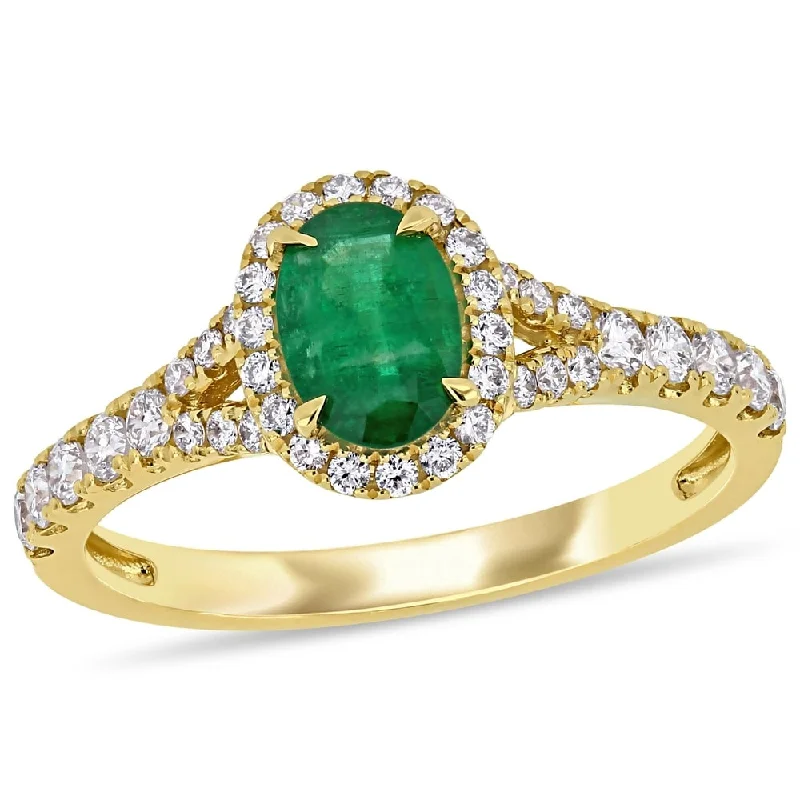 rose gold engagement rings for women-Miadora 14k Yellow Gold Oval-cut Emerald & 2/5ct TDW Diamond Halo Engagement Ring