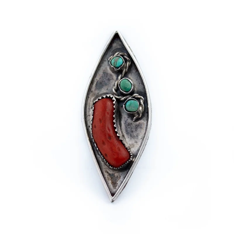 classic wedding bands for men-Rustic Old Pawn Green Turquoise & Red Coral Navajo Ring