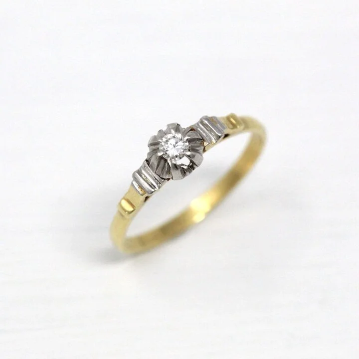 rose gold promise rings-Sale - Vintage Diamond Ring - 18k Yellow Gold Platinum Engagement Promise - 1960s Retro Size 7 3/4 Two Tone 1/10 CT Solitaire Fine Jewelry