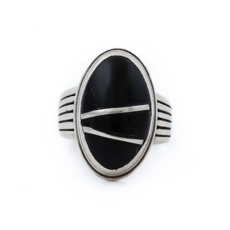 wedding band sets for women-Sectioned Black Onyx Ring