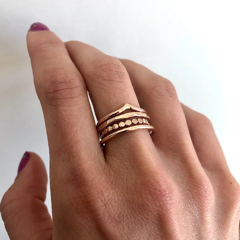 women’s engagement rings with rubies-Set of Four 14k Rose Gold Fill Stacking Rings - Chevron, Medallion, Hammered, and Classic