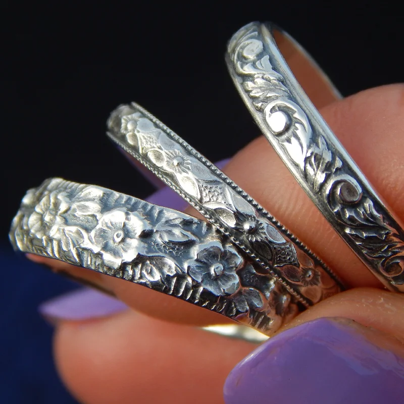 wedding rings for men with diamonds-The Florals Set - Set of Three Sterling Silver Floral Bands