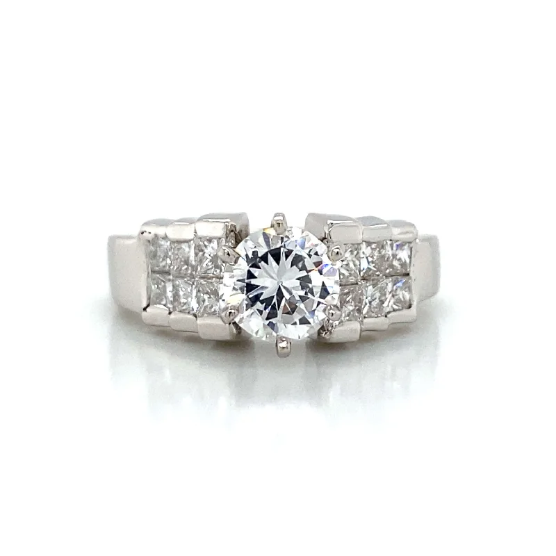 elegant diamond rings-Side Stone Channel Engagement Ring in 18K White Gold