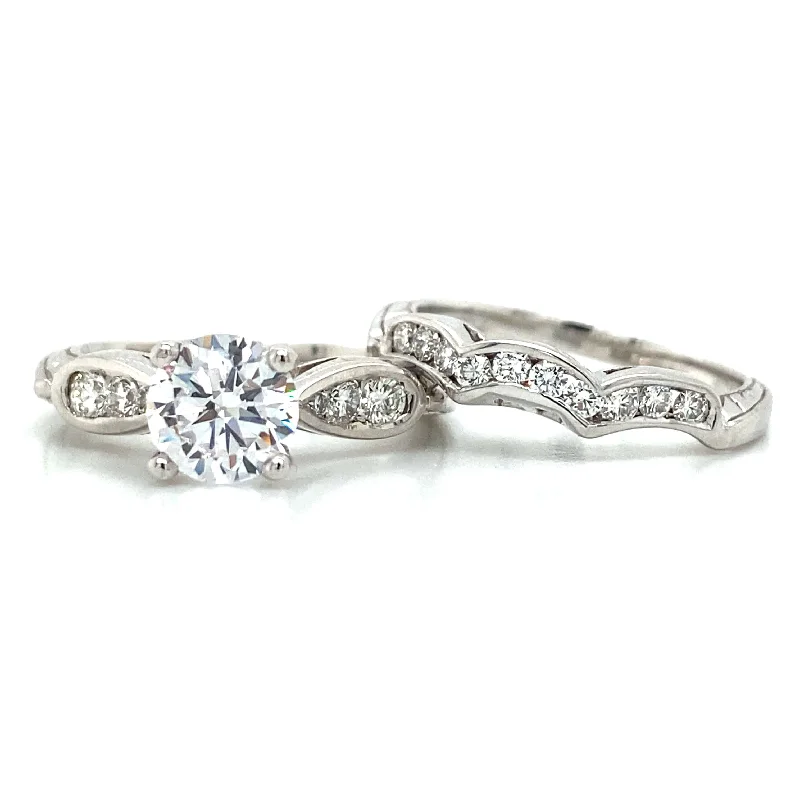 custom signet rings-Side Stone Pave Engagement Set in 14K White Gold