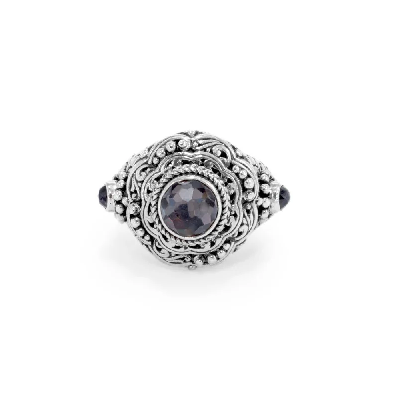 men's silver wedding rings-Sterling Silver Filigree Black Knight™ Mystic Quartz And Black Spinel Ring