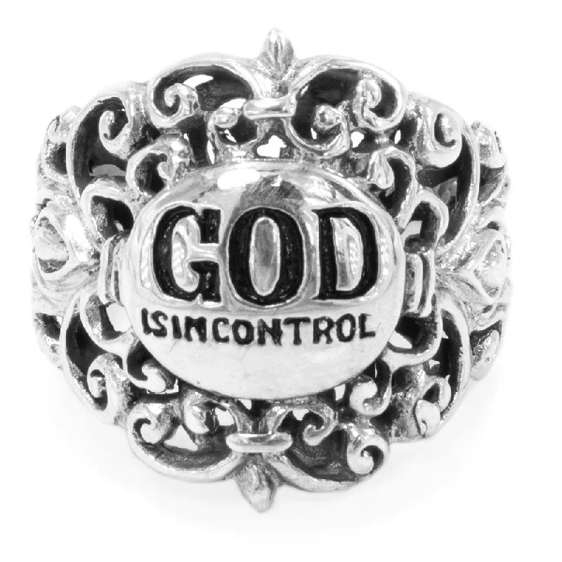 men’s platinum wedding bands-Sterling Silver Filigree "God Is In Control" Ring