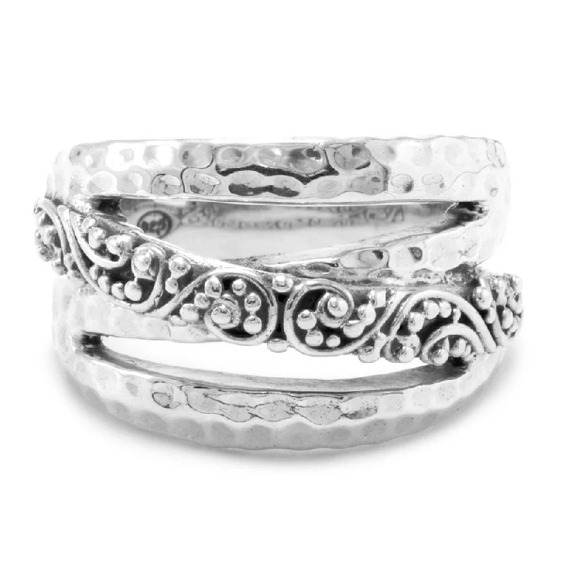 rings with birthstones-Sterling Silver Filigree & Hammered Overlap Ring