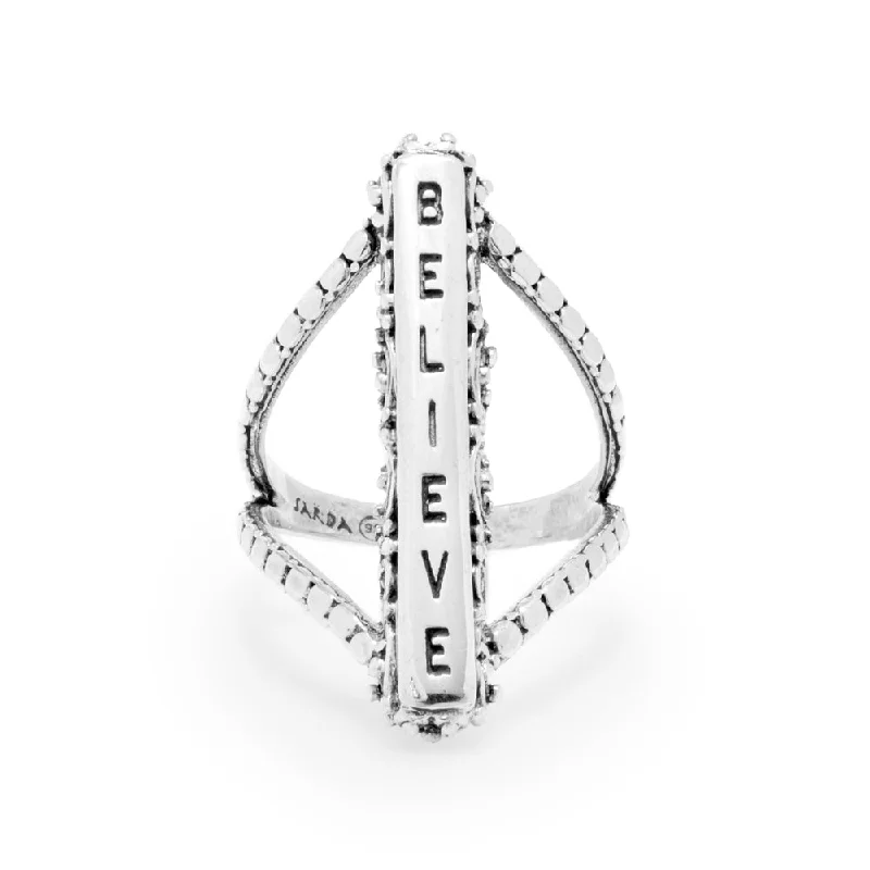 men’s rings with engravings-Sterling Silver Flat Jawan & Filigree "Believe" Ring Medium Statement