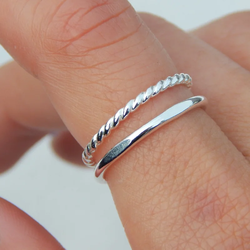 rose gold rings for men-Sterling Silver Twisted Band and Flat Hammered Stacking Ring Set