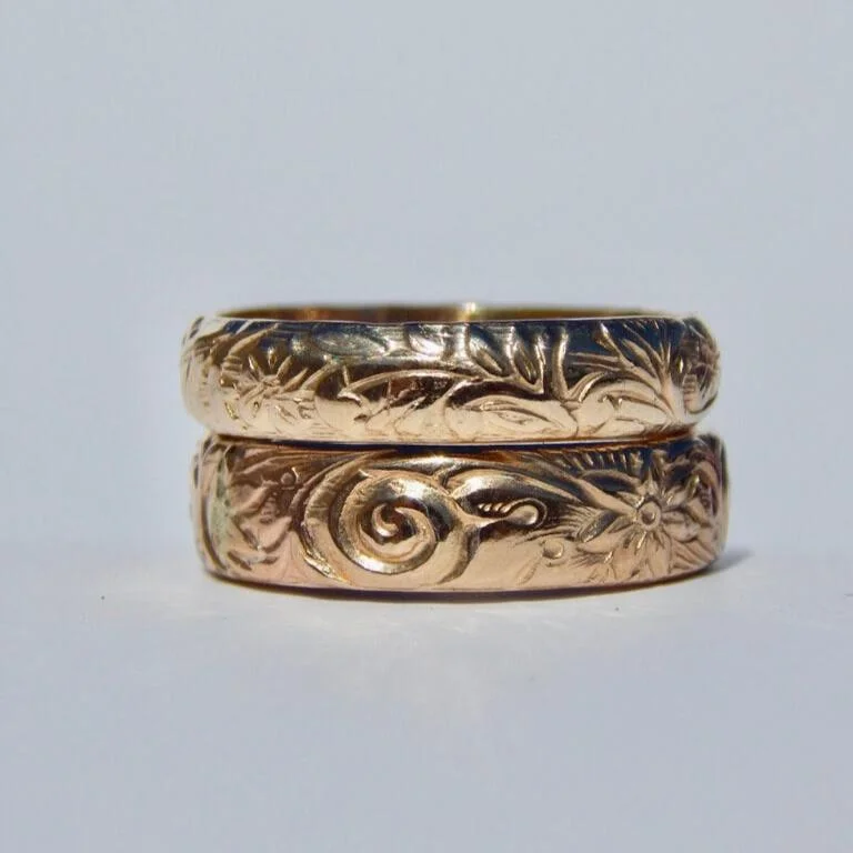 custom engraved wedding bands-The Gold Florals Set - Set of Two Floral Bands