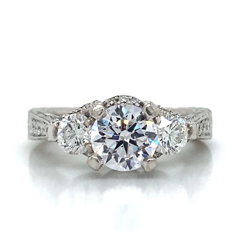 wedding rings with diamonds-Three Stone Round & Pave Set Engagement Ring in 18K White Gold