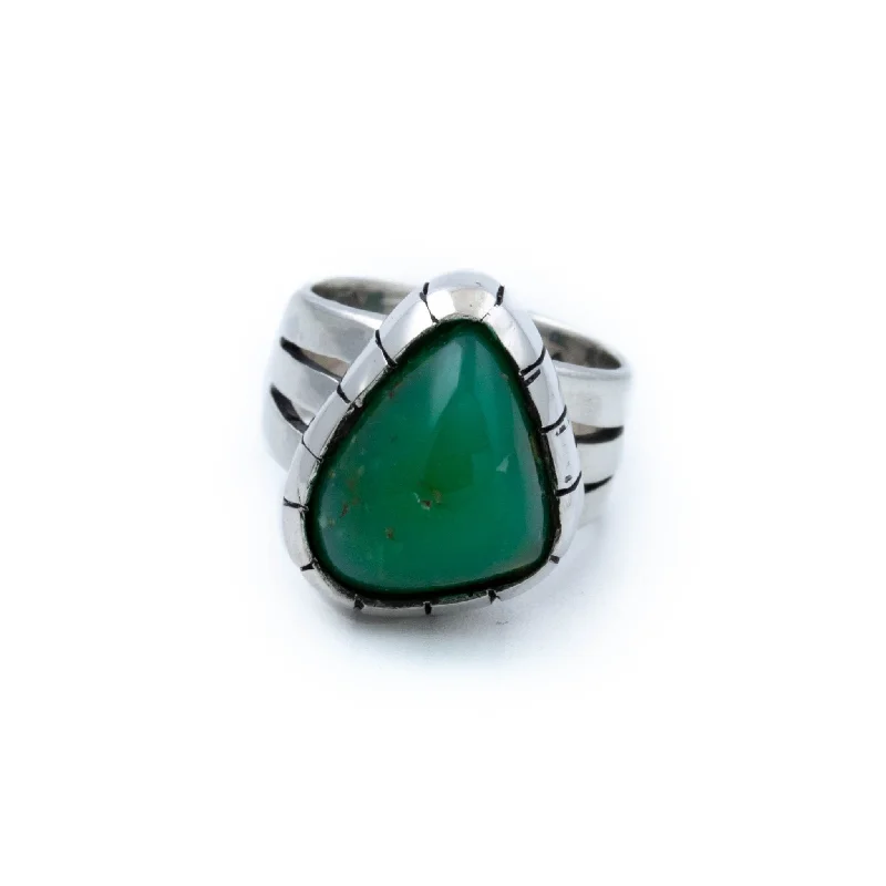 men’s wedding rings with engraving-Triangular Green Chrysoprase Ring