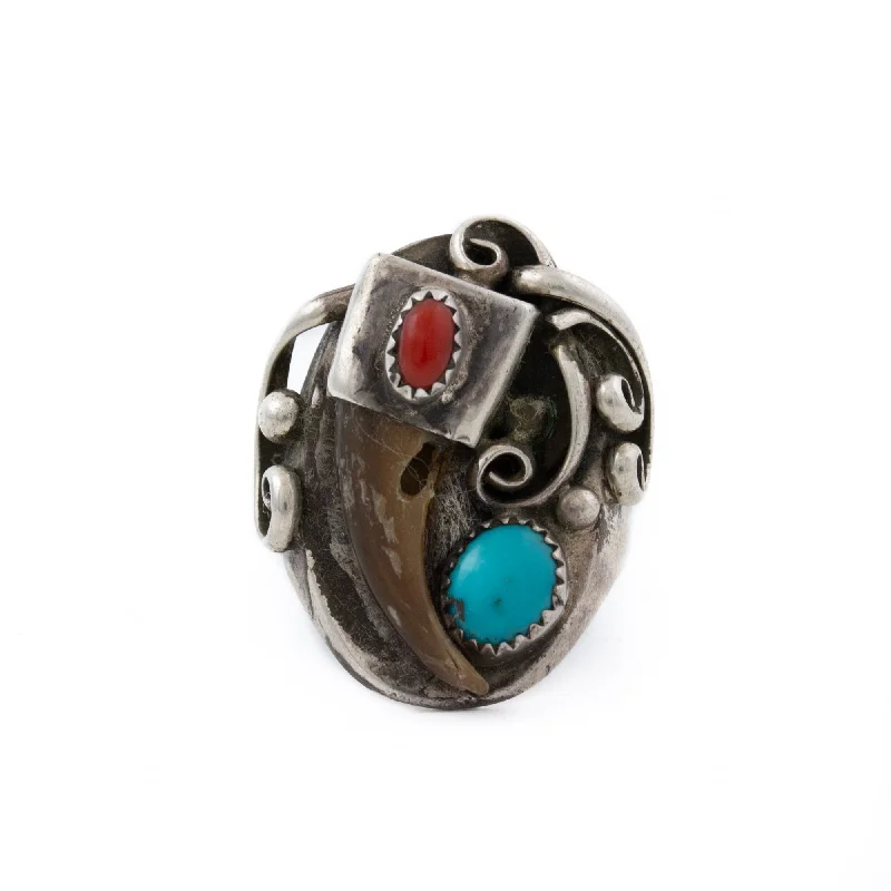 matching couple rings-Turquoise x Red Coral Navajo Ring w/ Bear Claw