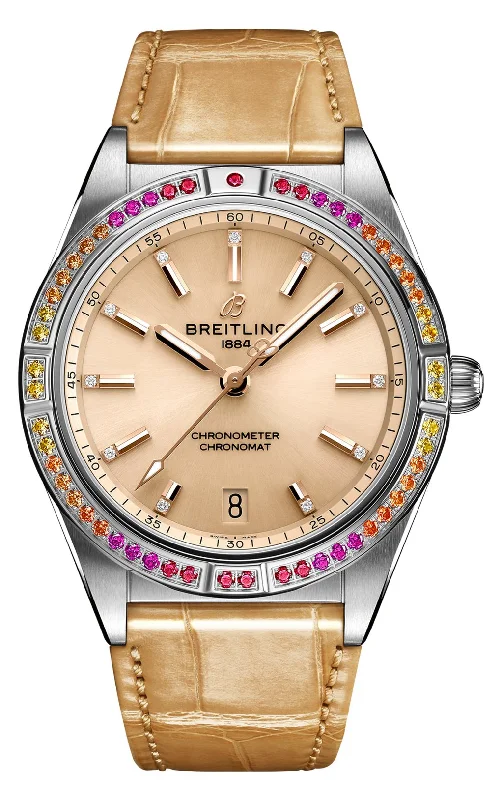 waterproof digital watches for women -Breitling Chronomat Stainless Steel Gem-Set Beige Dial Date Automatic Womens Watch A10380611A1P1