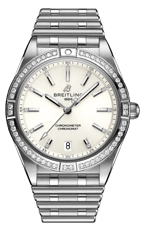 solar-powered watches for men -Breitling Chronomat Stainless Steel Gem-Set White Dial Date Automatic Womens Watch A10380591A1A1